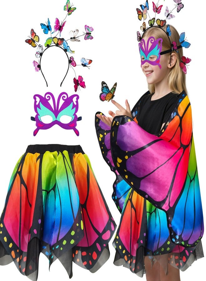 D.Q.Z Double-Sided Fairy Butterfly Wings Costume for Girls with Rainbow Tutu, 4Pcs Toddler Princess Dress Up Clothes Gifts for 3-8 (Brilliant Rainbow) - Image 2